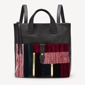 FOSSIL Hunter Leather Convertible Backpack Tote with Velvet Patchwork Design
